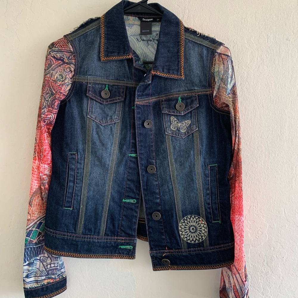 Desigual printed denim jacket with mesh sleeves XS - Picture 2 of 5
